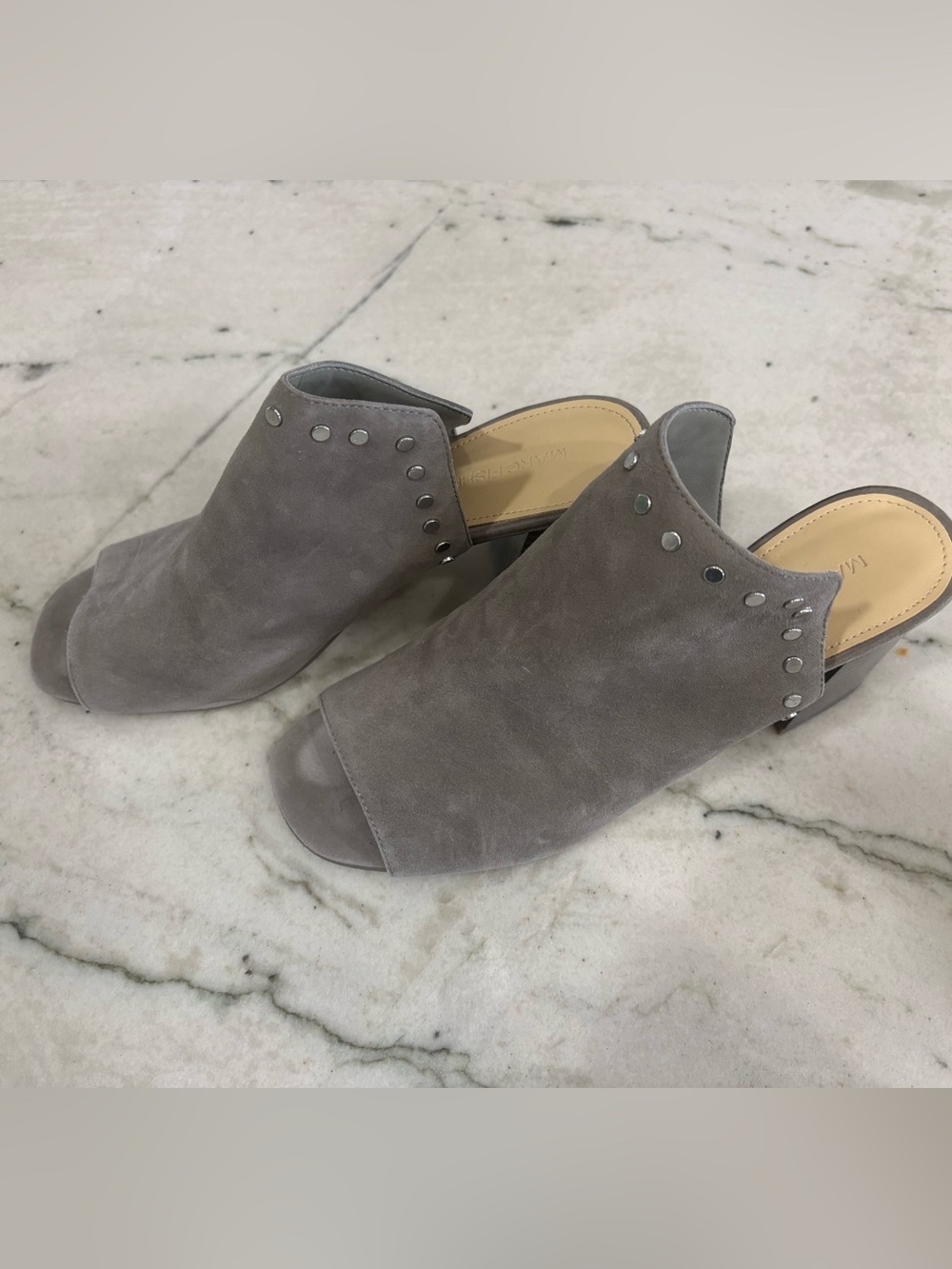 Marc Fisher Gray Suede Open-Toe Studded Mule